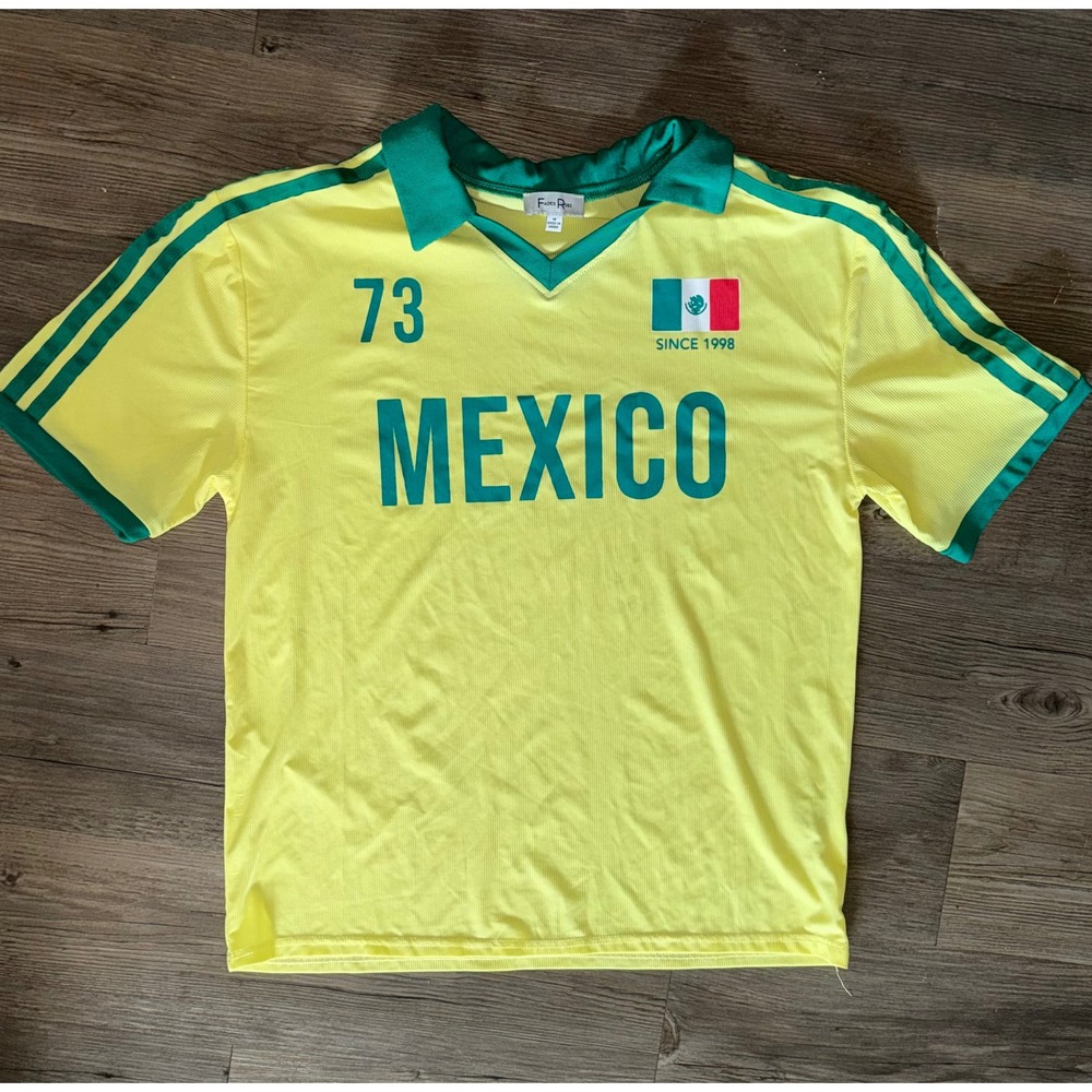 Faded Rose Mexico Soccer Jersey Top Yellow Green Ribbed V-Neck Shirt Mens Medium